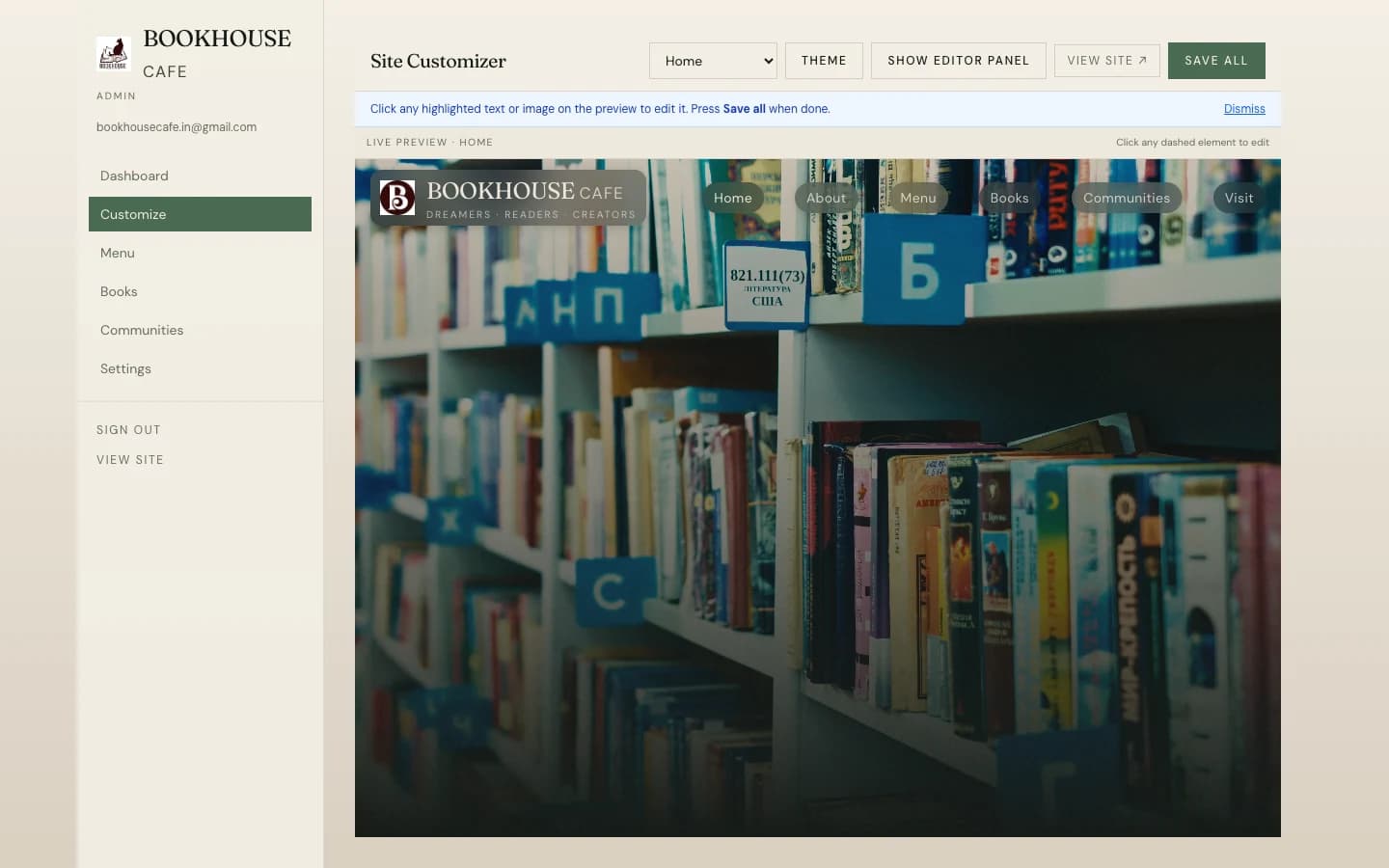 Site customizer with live preview for branding, navigation, and page content.