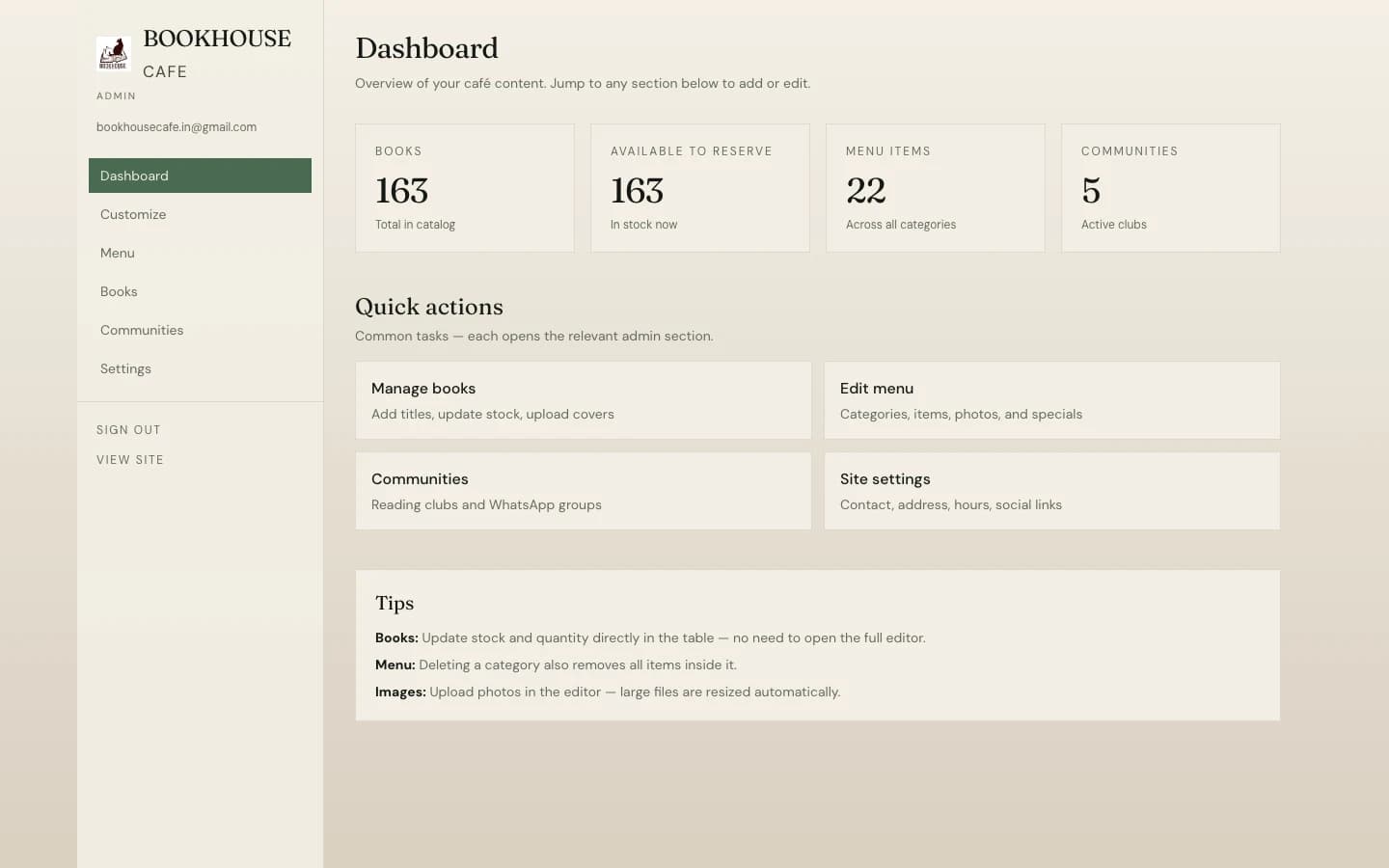 Admin dashboard with catalog counts and quick actions for books, menu, and communities.