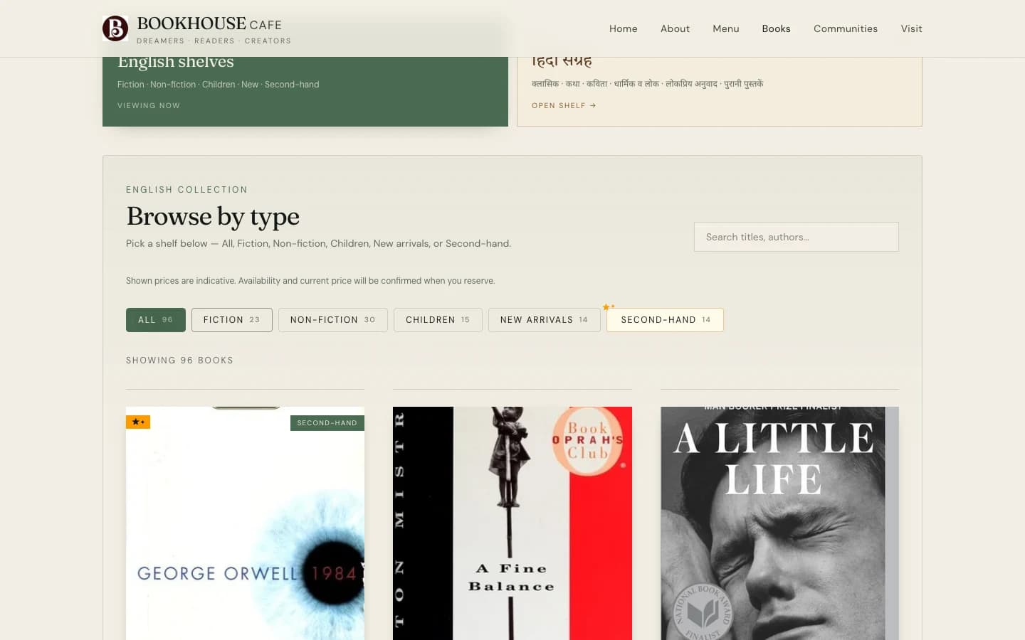 English book shelves with fiction category filter, search, and reserve actions.