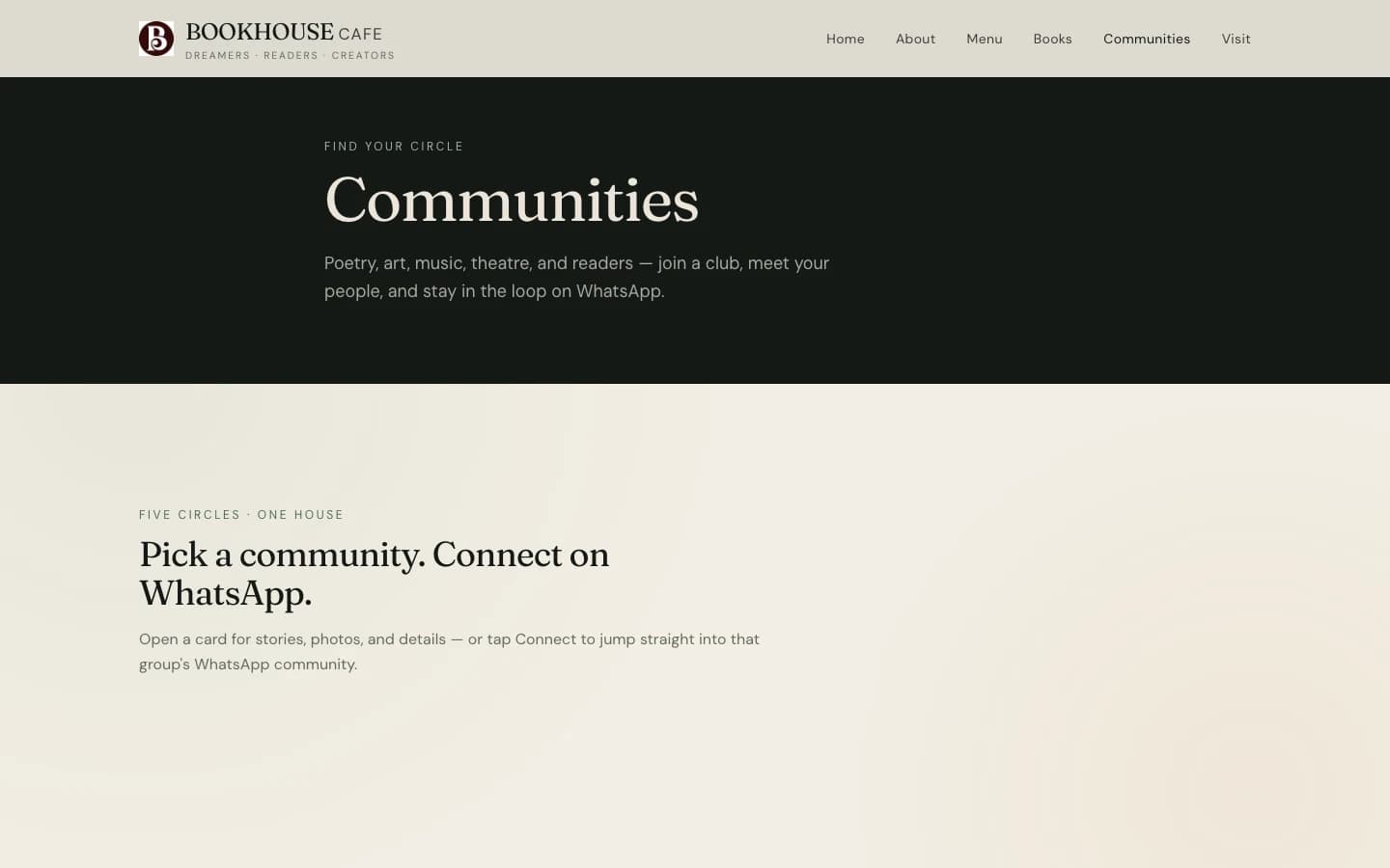 Reading communities page with WhatsApp connect cards.