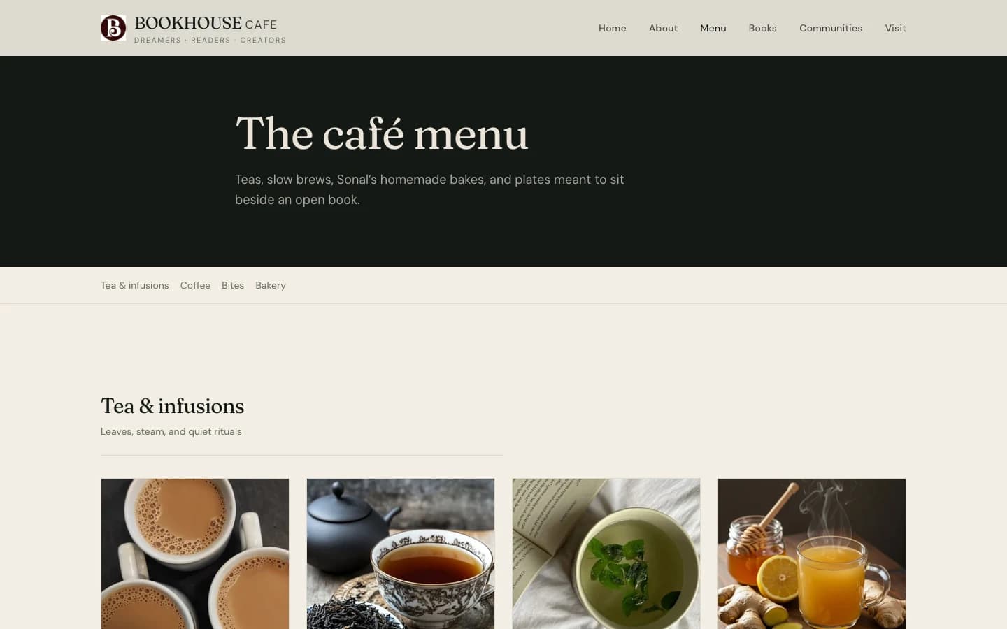 Café menu page with section navigation and item cards.