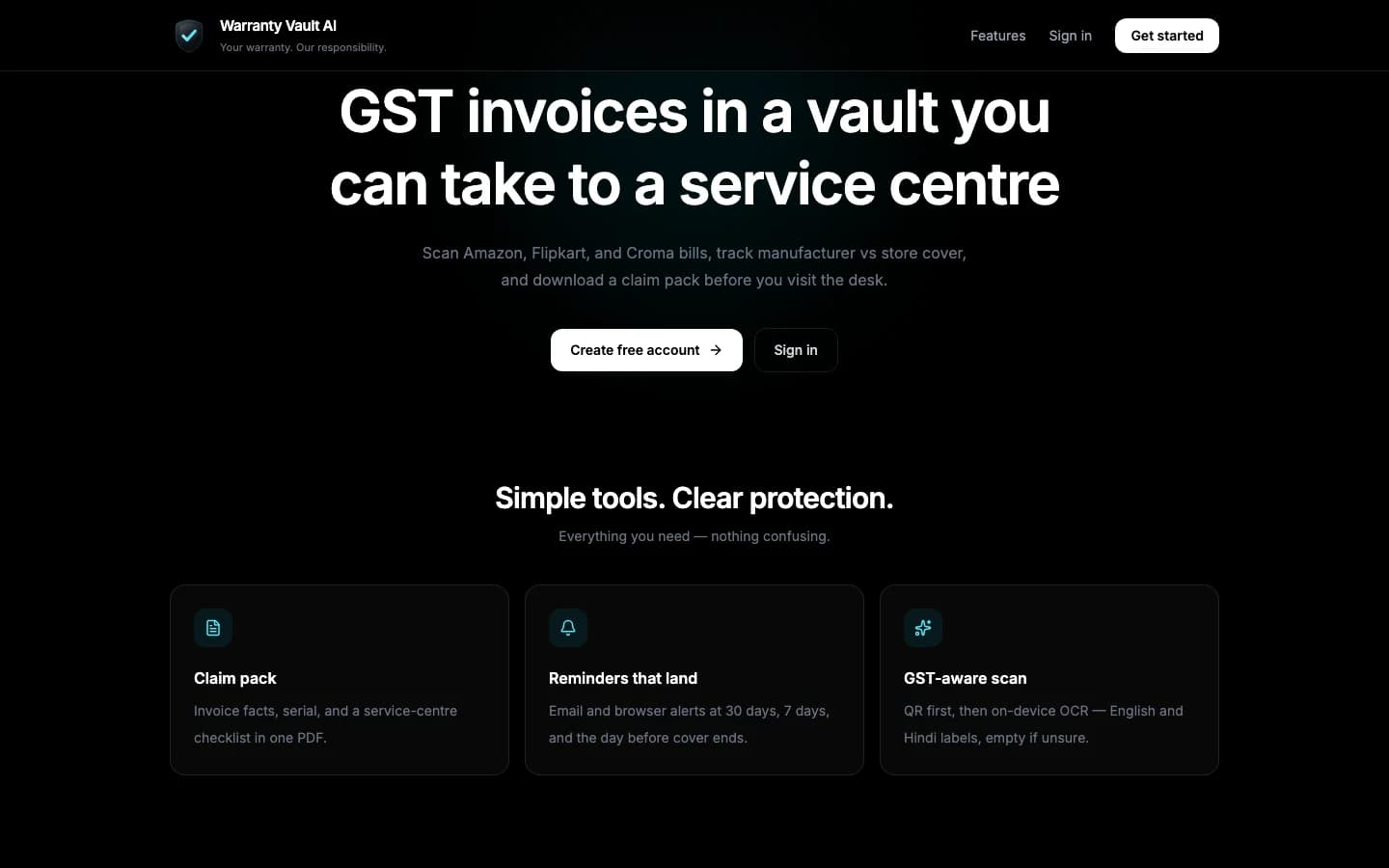 Warranty Vault AI features section with claim pack, reminders, and GST-aware scanning.