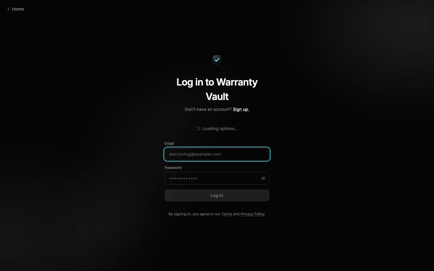 Warranty Vault AI sign-in screen with email, password, and Google authentication.