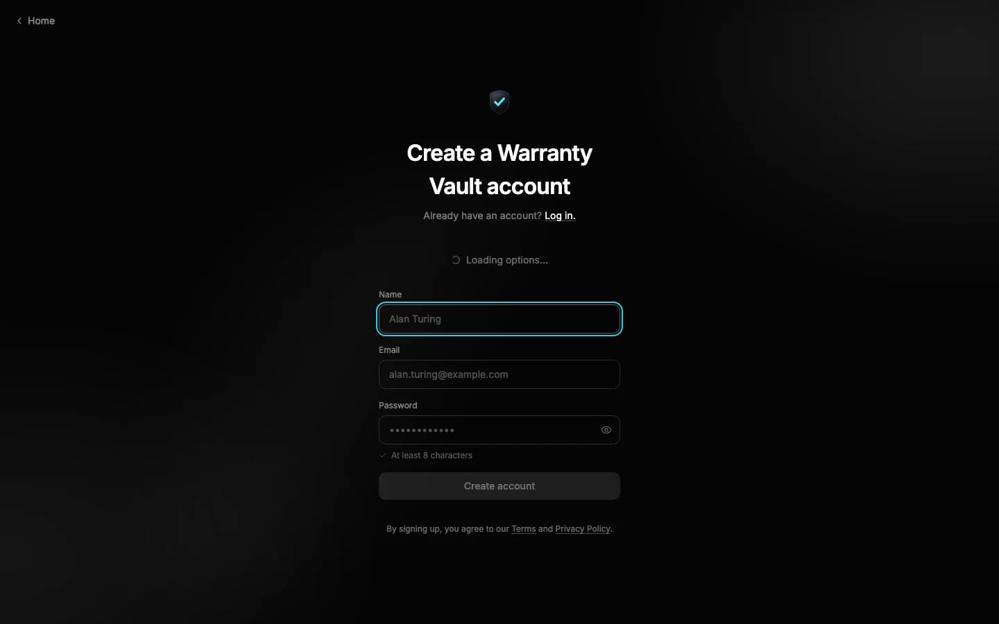 Warranty Vault AI account creation screen for starting a free vault.