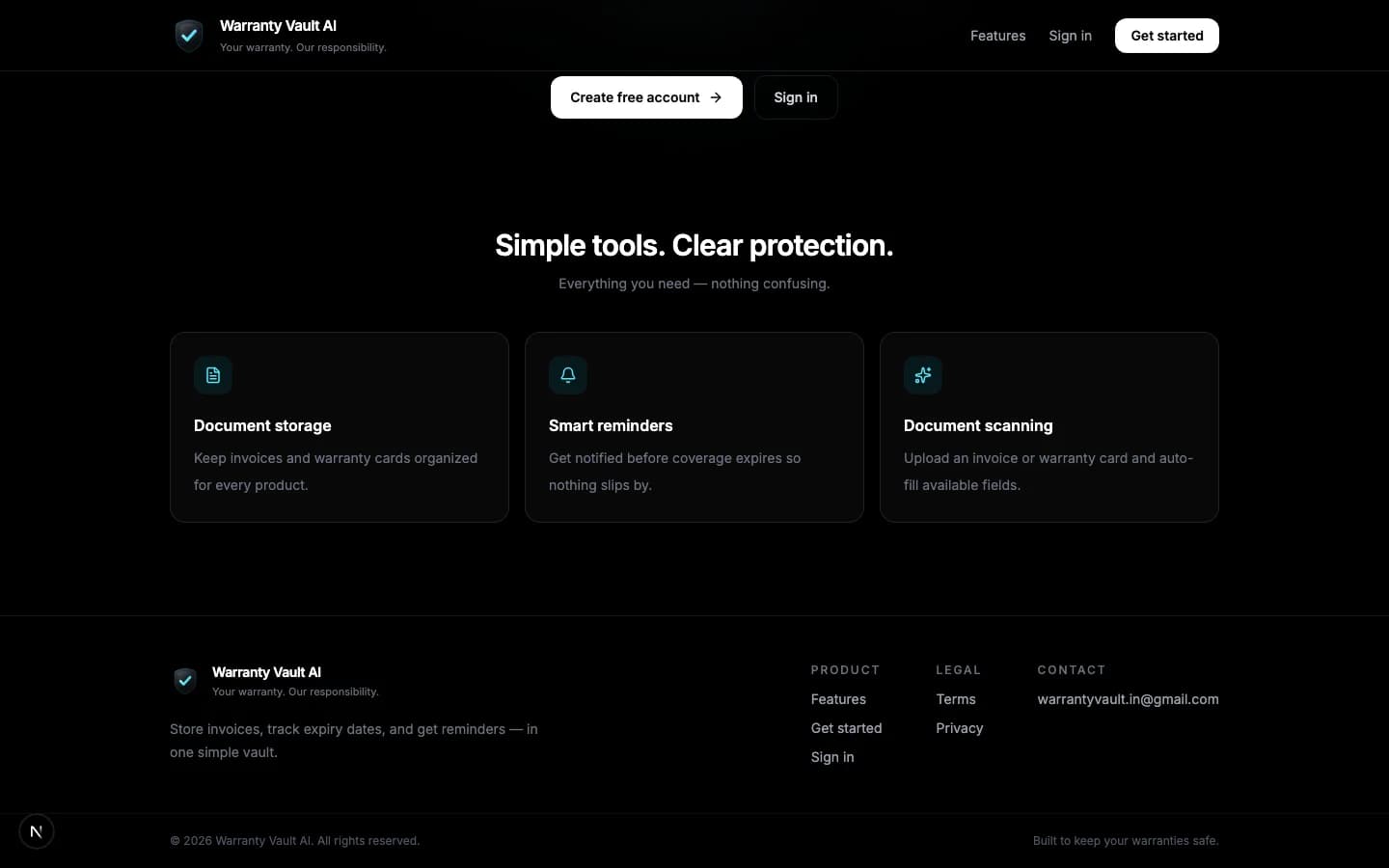 Warranty Vault AI product overview with document storage, smart reminders, and AI scanning.